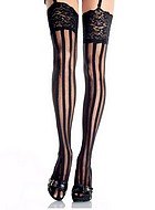 Thigh high stockings, wide lace edge, vertical stripes